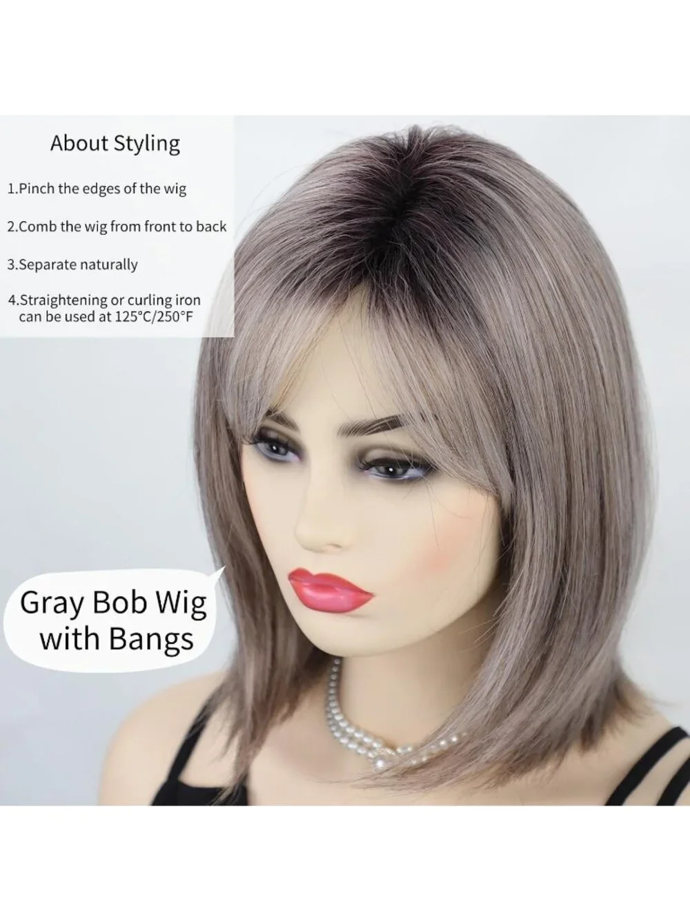Women's Grey 12 Inch Mid Length Heat Synthetic Straight Layered Bob Wigs